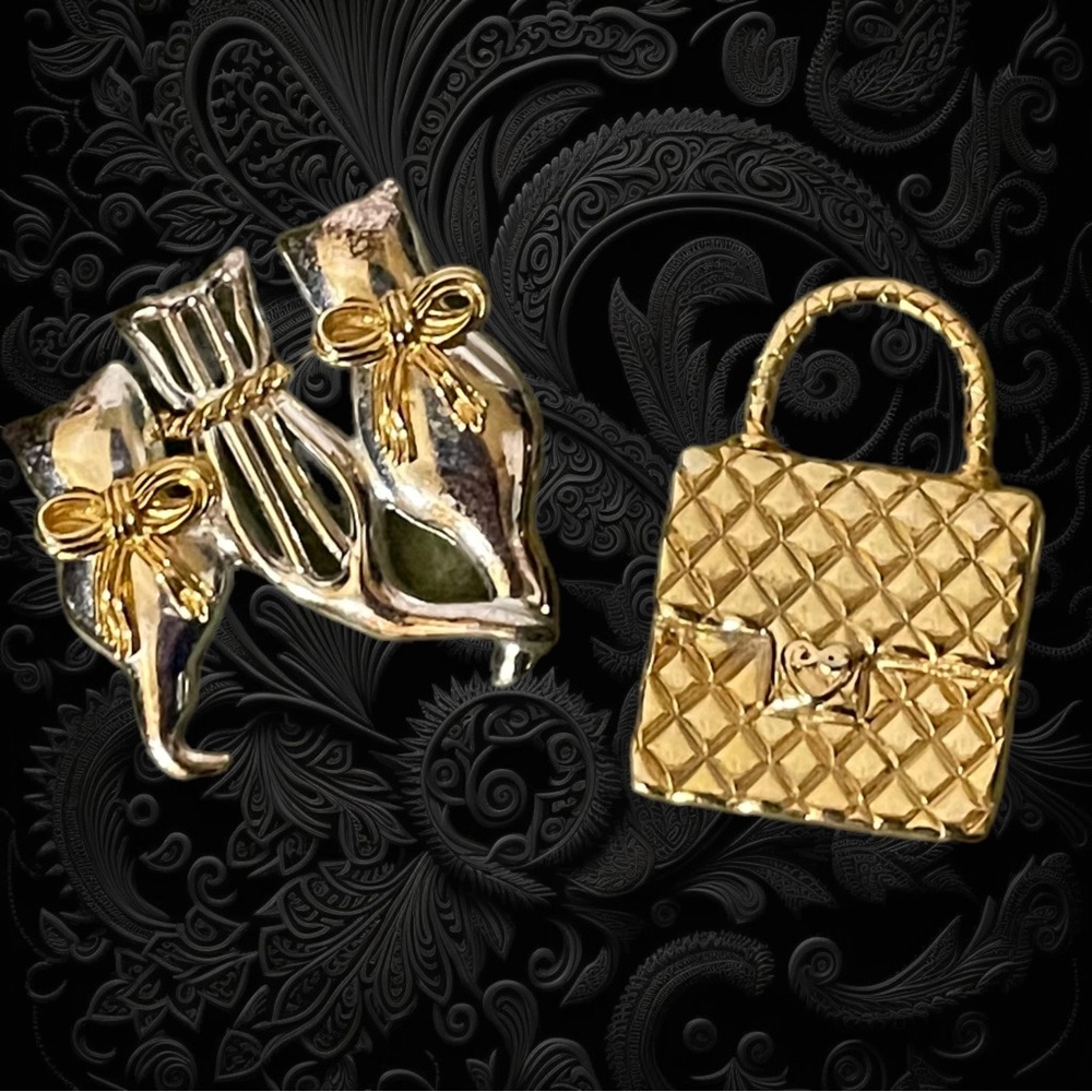Brooch Lapel Pin Goldtone Handbag Gold/Silver Tone 3 Cats